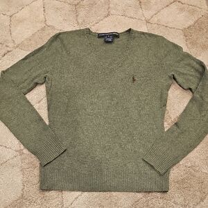 Ralph Lauren Green V-Neck Merino Sweater with Ribbed Cuffs
